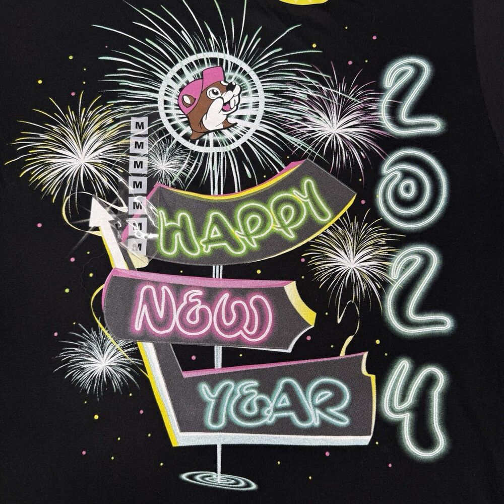 Buc-ees Shirt Mens Medium Black Happy New Year 2024 Glow in Dark Graphic Tee NWT